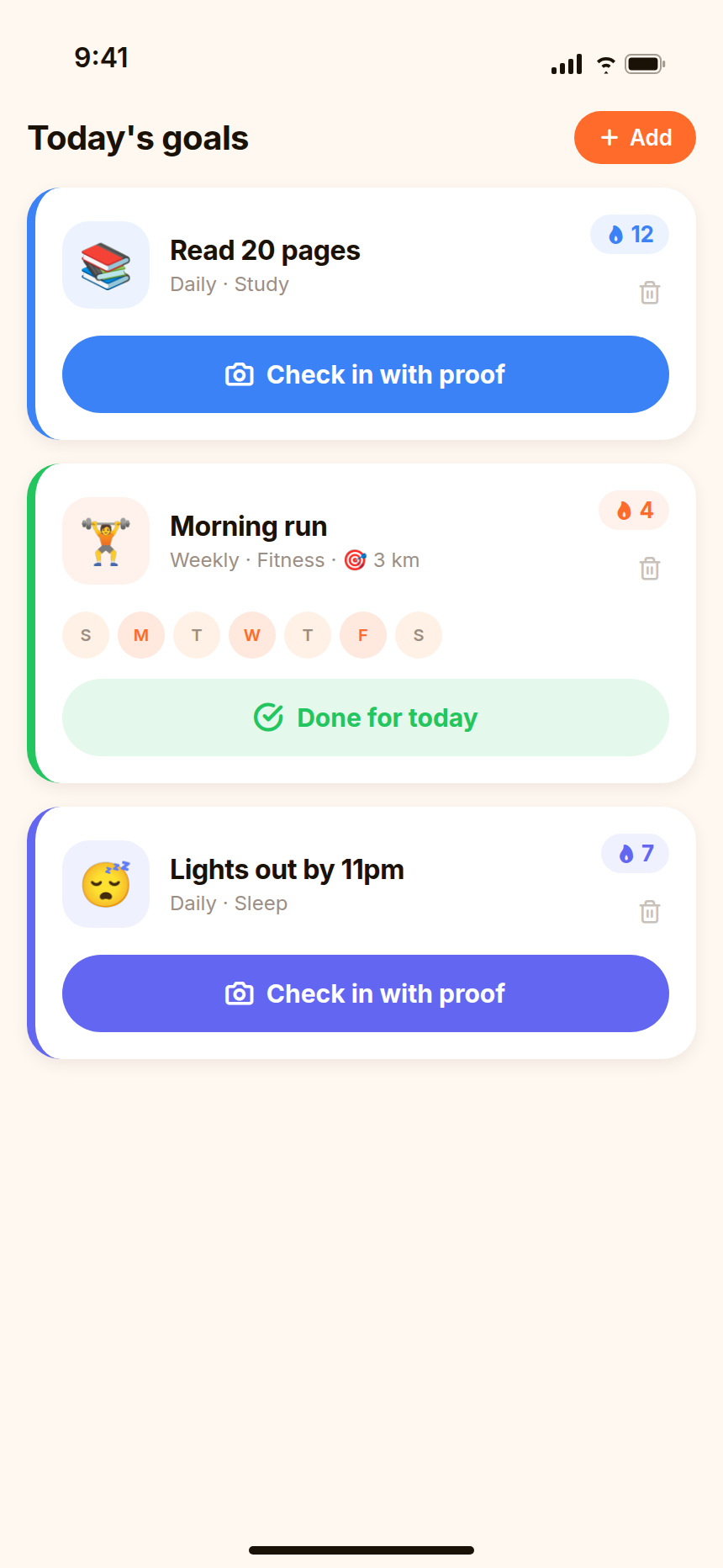 Ember Forge Today's goals list with three commitments, streak counts and Check in with proof buttons. Sample data.