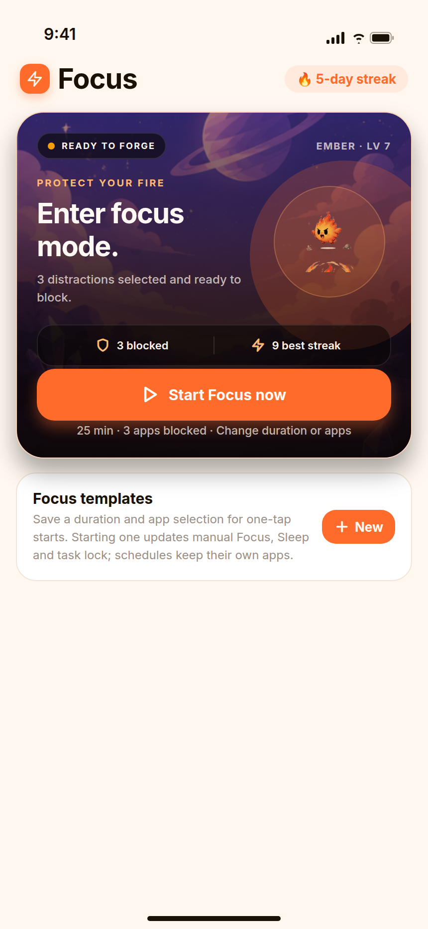 Ember Forge Focus screen with the Ready to Forge card, Enter focus mode headline and Start Focus now button. Sample data.