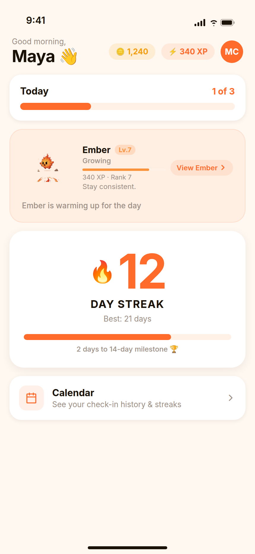 Ember Forge Home screen showing Today progress, the Ember mascot at level 7, and a 12 day streak with a countdown to the 14-day milestone. Sample data.